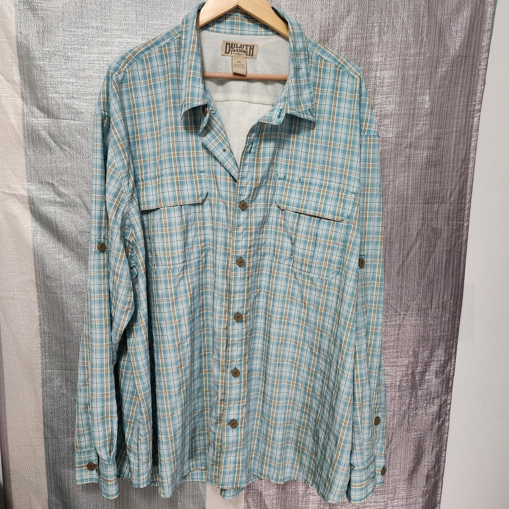 Duluth Trading Co Armachillo Mens 3XL Blue Plaid Vented Fishing Shirt Roll Tab